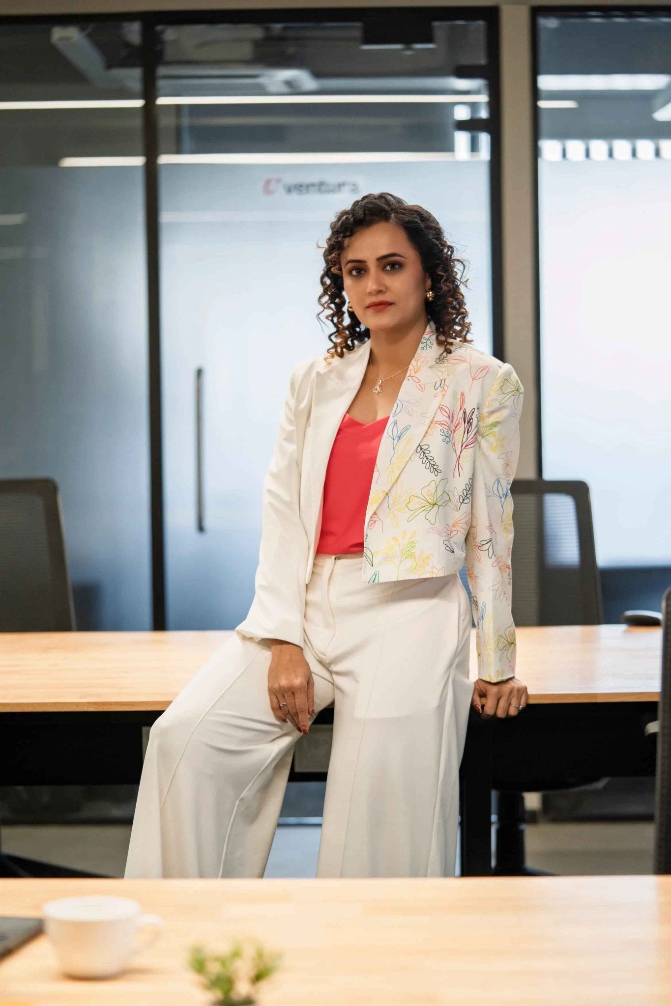 Ivory Printed Jacket Women – Stylish Workwear Blazer Coat